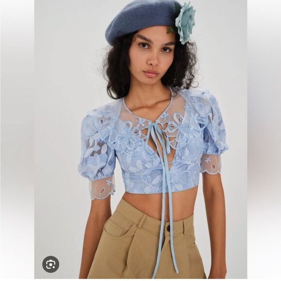 NWT For Love and Lemons Uma Blue Lace Removal Collar Crop Top Size Medium - Picture 1 of 8